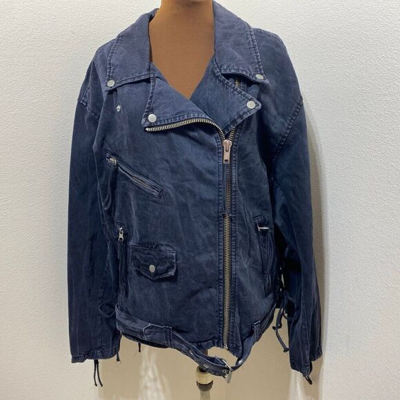Free People Jackets & Blazers - Free People Denim Moto Jacket Oversized Corset Lace Up Washed Black Cotton Small